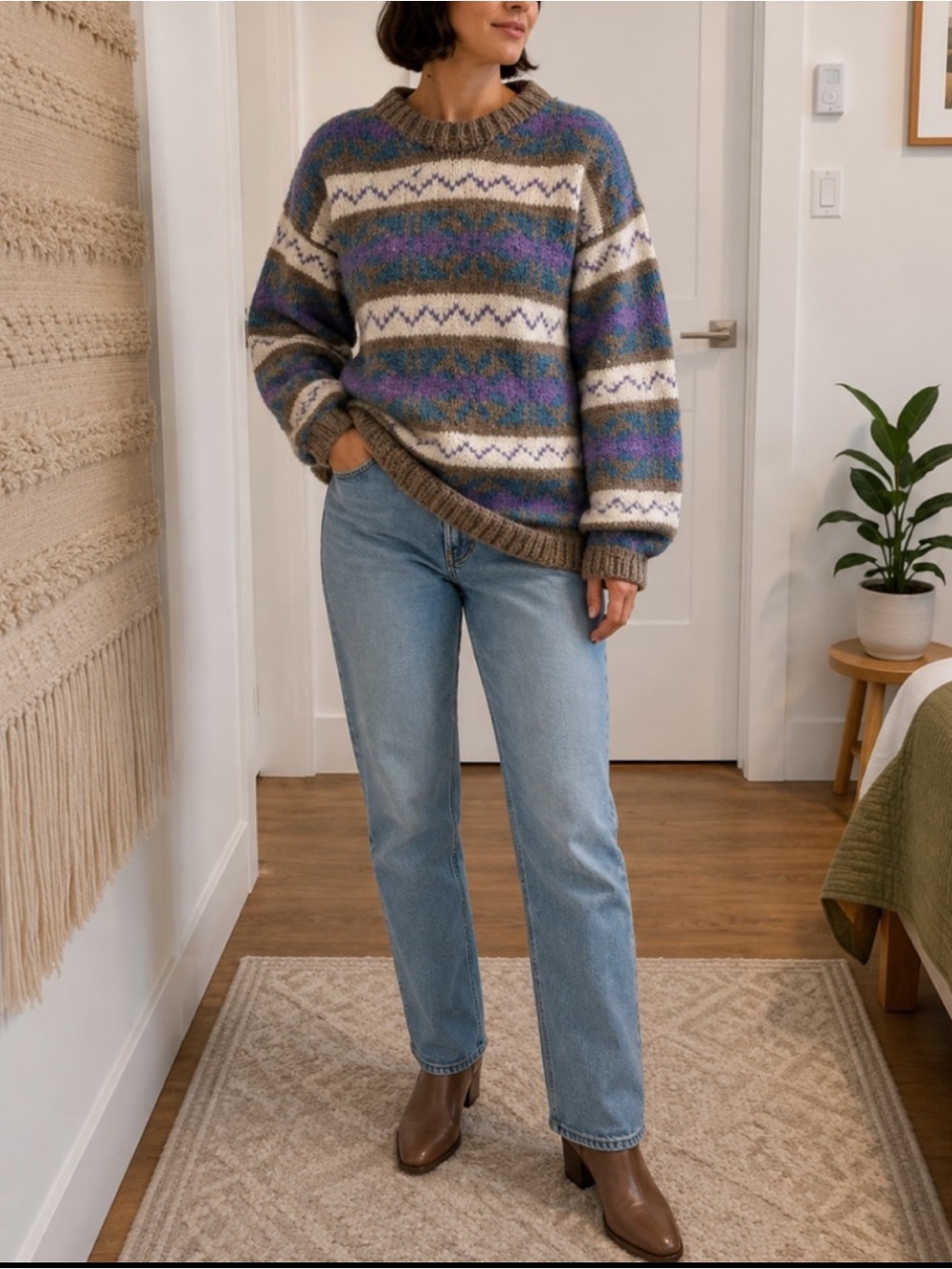 Wool Purple Multicolor Patterned Sweater Large - Picture 1 of 10